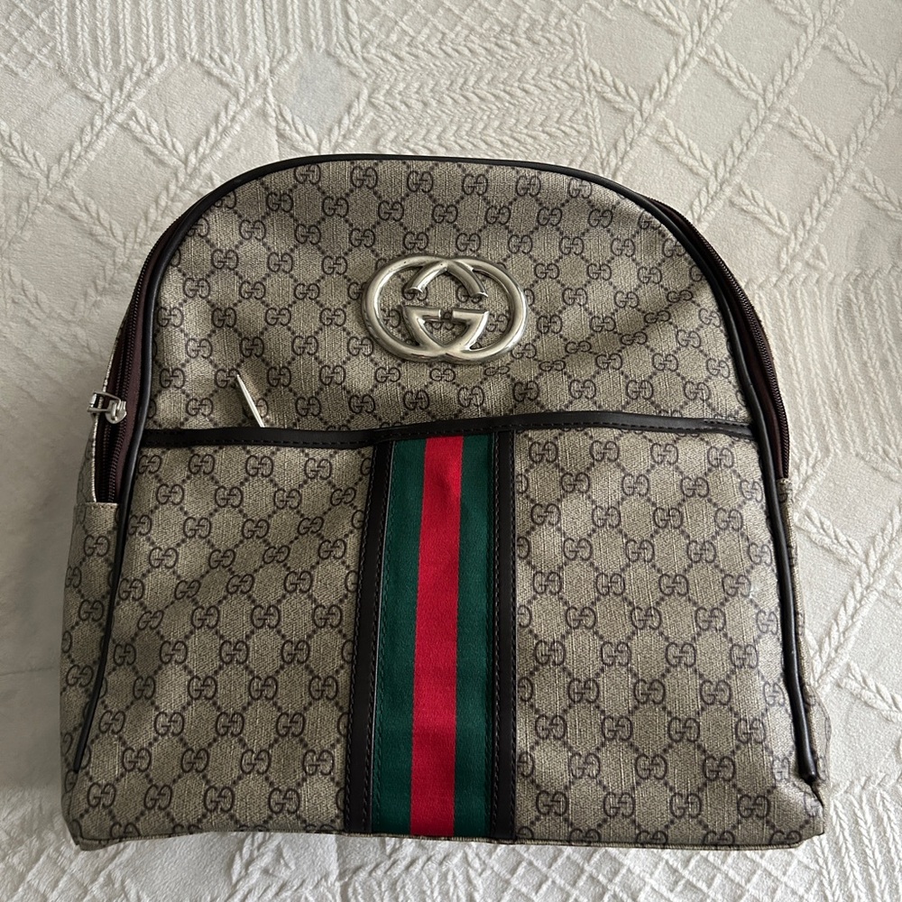 Gucci Monogram Backpack with Green and Red Stripe